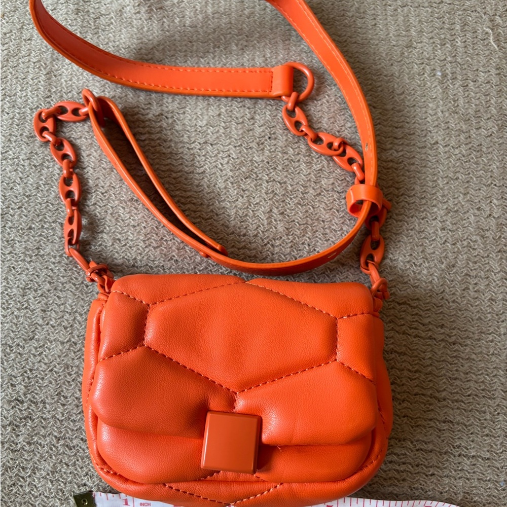 Zara Orange Quilted Mini Crossbody Bag with Adjustable Chain Strap